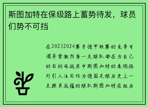 斯图加特在保级路上蓄势待发，球员们势不可挡